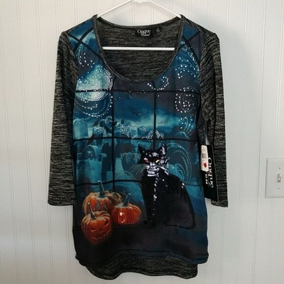 Halloween Black Cat  3/4 t shirt sequin, embellished, pumpkin, cat & skyline - Picture 1 of 6